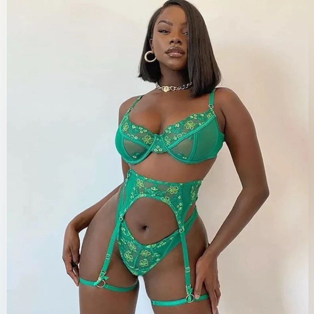 3 pc lingerie set in emerald green and yellow flowers new Handmade nwt